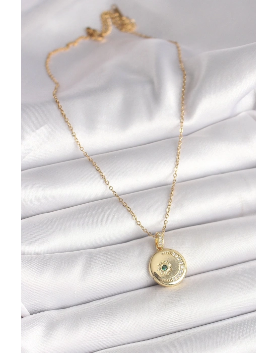 ® 316L Çelik Gold Renk Zincir Zirkon Taş İşlemeli Hilal Yıldız İşlemeli Madalyon Model Kadın Kolye