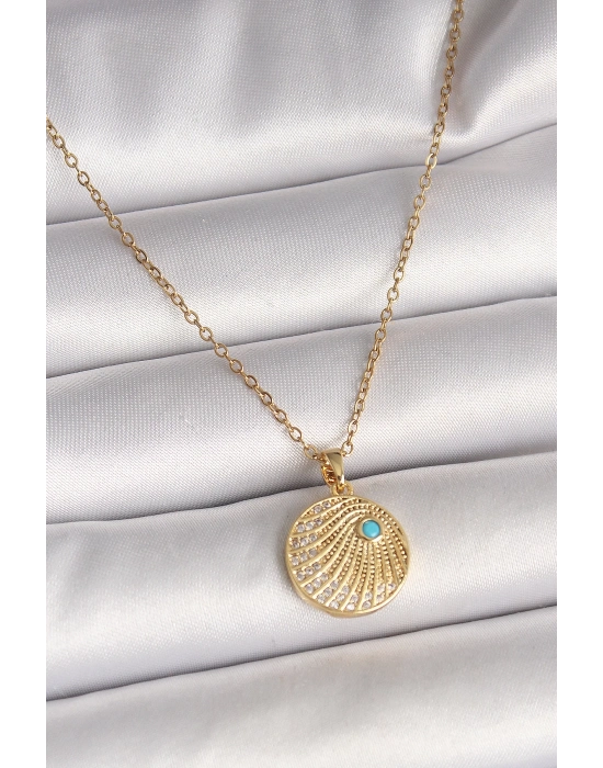 ® 316L Çelik Gold Renk Zincir Zirkon Taş İşlemeli Mavi Taş Detaylı Madalyon Model Kadın Kolye