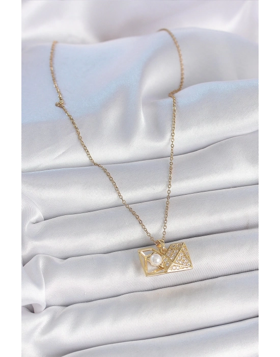 ® 316L Çelik Gold Renk Zincir Zirkon Taşlı Açılır İncili Elmas Model Kadın Kolye