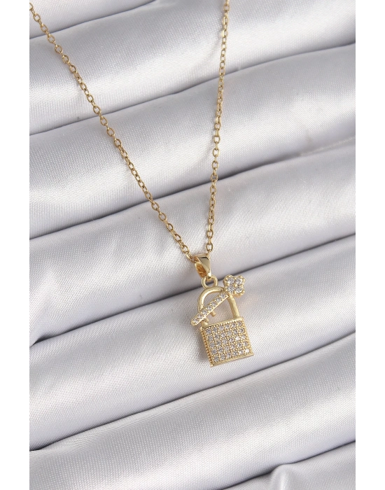 ® 316L Çelik Gold Renk Zincir Zirkon Taşlı Asma Kilit Anahtar Model Kadın Kolye