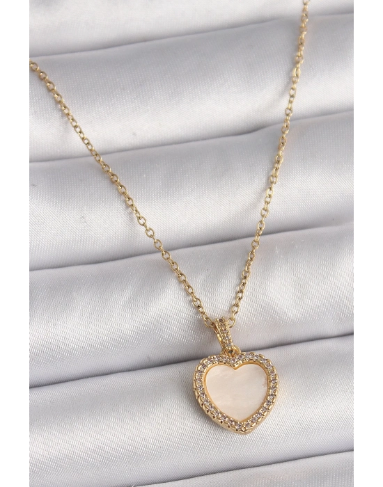 ® 316L Çelik Gold Renk Zincir Zirkon Taşlı Beyaz Mineli Kalp Model Kadın Kolye