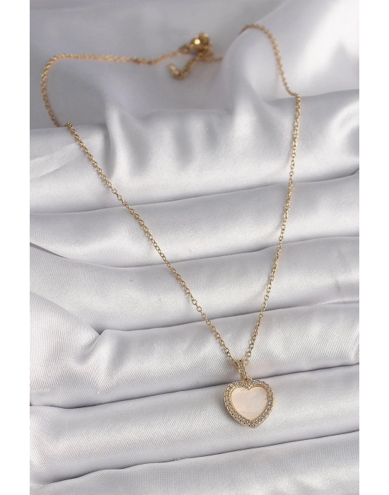 ® 316L Çelik Gold Renk Zincir Zirkon Taşlı Beyaz Mineli Kalp Model Kadın Kolye