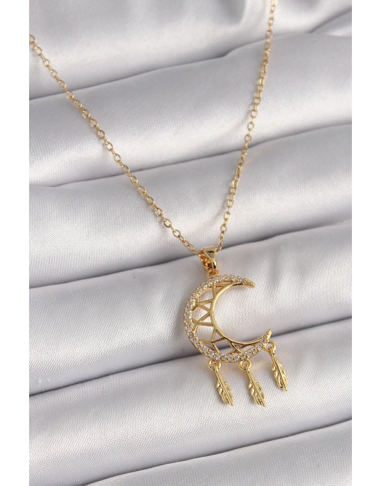 ® 316L Çelik Gold Renk Zincir Zirkon Taşlı Hilal Model Sallantı Yaprak Detay Kadın Kolye