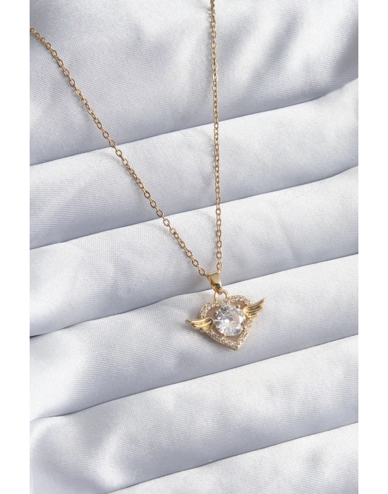 ® 316L Çelik Gold Renk Zincir Zirkon Taşlı Kalp Model Kadın Kolye