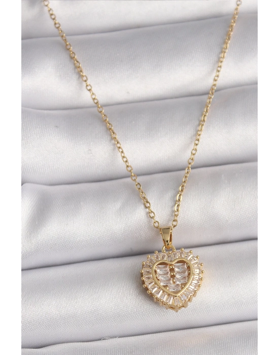 ® 316L Çelik Gold Renk Zincir Zirkon Taşlı Kalp Model Kadın Kolye