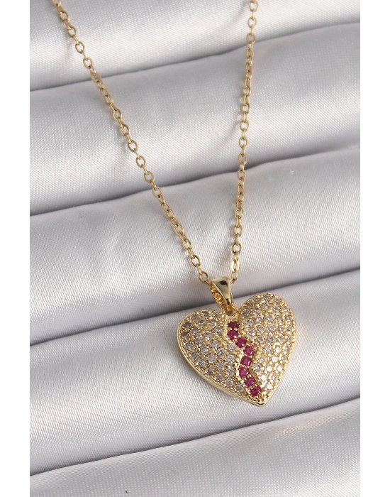 ® 316L Çelik Gold Renk Zincir Zirkon Taşlı Kalp Model Kadın Kolye
