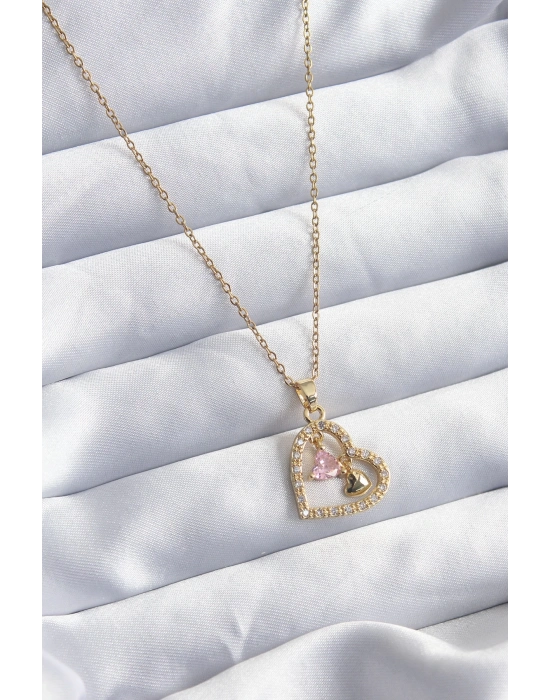 ® 316L Çelik Gold Renk Zincir Zirkon Taşlı Kalp Model Kadın Kolye