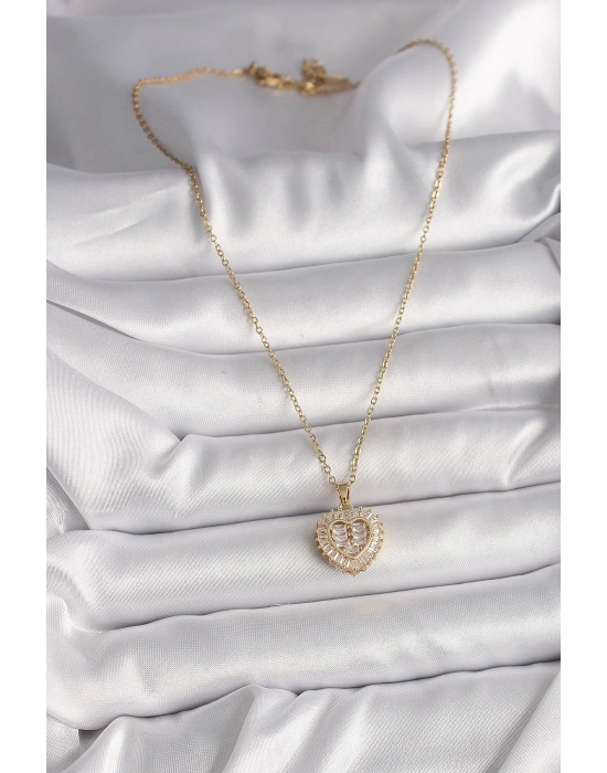 ® 316L Çelik Gold Renk Zincir Zirkon Taşlı Kalp Model Kadın Kolye