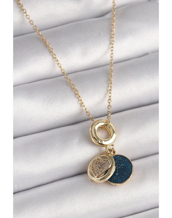 ® 316L Çelik Gold Renk Zincir Zirkon Taşlı Kalp Model Mavi Simli Kadın Kolye