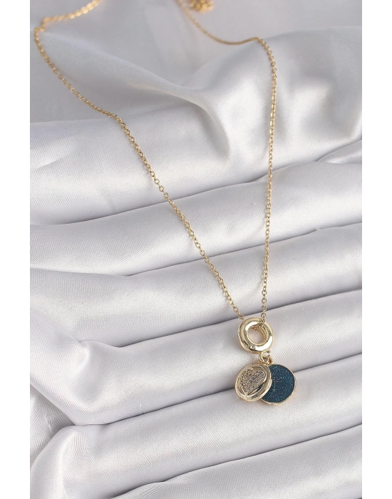 ® 316L Çelik Gold Renk Zincir Zirkon Taşlı Kalp Model Mavi Simli Kadın Kolye