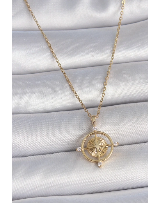 ® 316L Çelik Gold Renk Zincir Zirkon Taşlı Pusula Model Kadın Kolye