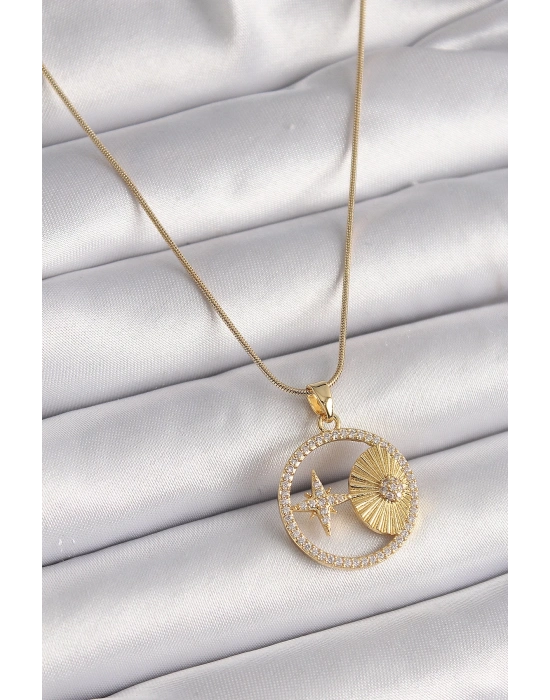 ® 316L Çelik Gold Renk Zincir Zirkon Taşlı Yıldız İşleme Madalyon Model Kadın Kolye