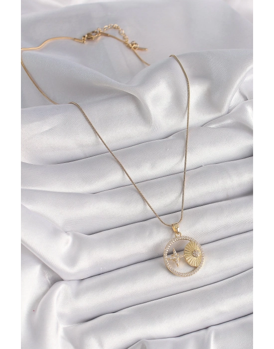 ® 316L Çelik Gold Renk Zincir Zirkon Taşlı Yıldız İşleme Madalyon Model Kadın Kolye