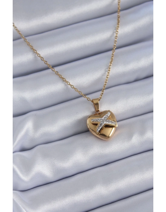 ® 316L Çelik Gold Renk Zirkon Detay Kalp Model Kadın Kolye