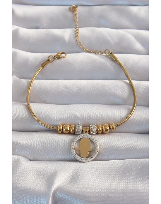 ® 316L Çelik Gold Renk Zirkon Taş Aksesuarlı Fatma Ana Eli Bileklik