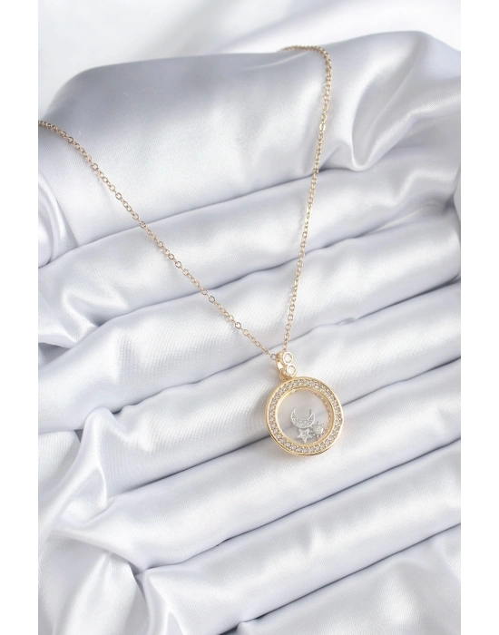 ® 316L Çelik Gold Renk Zirkon Taş Detay Ay Yıldız Fanus Model Kadın Kolye