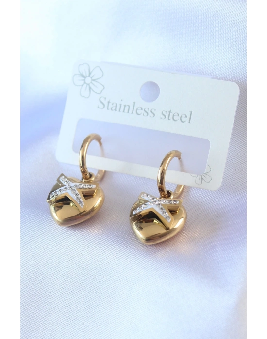 ® 316L Çelik Gold Renk Zirkon Taş Detay Kalp Model Kadın Küpe