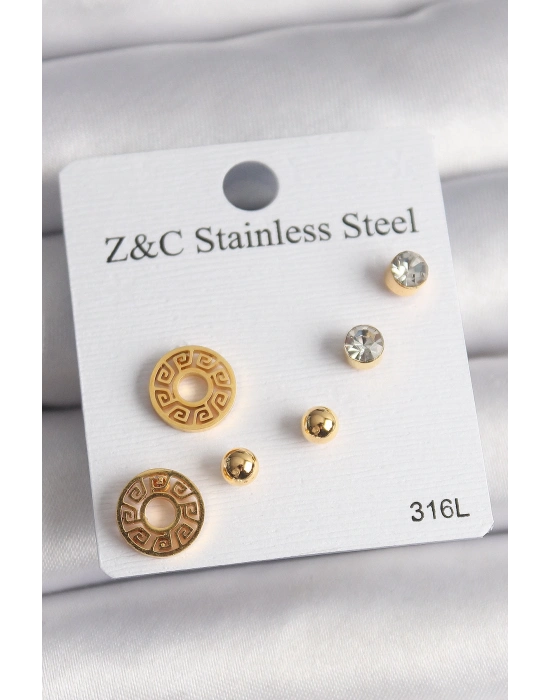 ® 316L Çelik Gold Renk Zirkon Taşı Labirent Model Kadın Küpe Seti