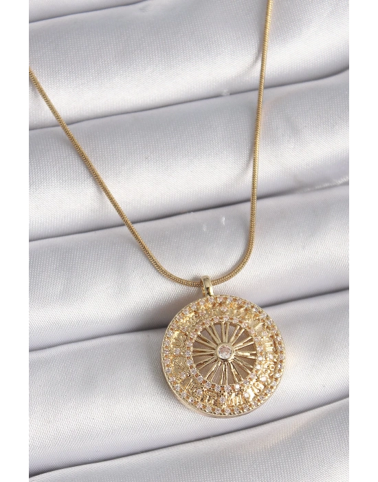 ® 316L Çelik Gold Renk Zirkon Taşlı 12 Burç Madalyon Model Kadın Kolye