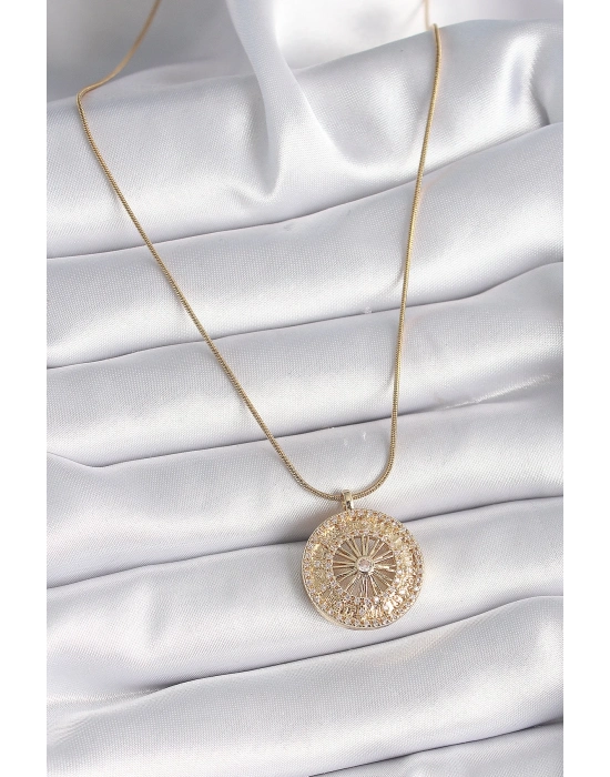 ® 316L Çelik Gold Renk Zirkon Taşlı 12 Burç Madalyon Model Kadın Kolye