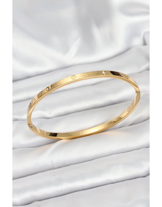 ® 316L Çelik Gold Renk Zirkon Taşlı 65 mm İnce Kadın Kelepçe Bileklik