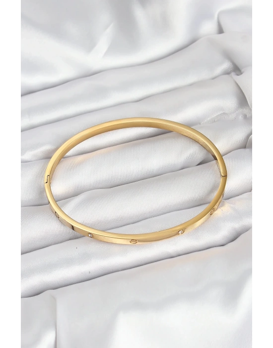 ® 316L Çelik Gold Renk Zirkon Taşlı 65 mm İnce Kadın Kelepçe Bileklik