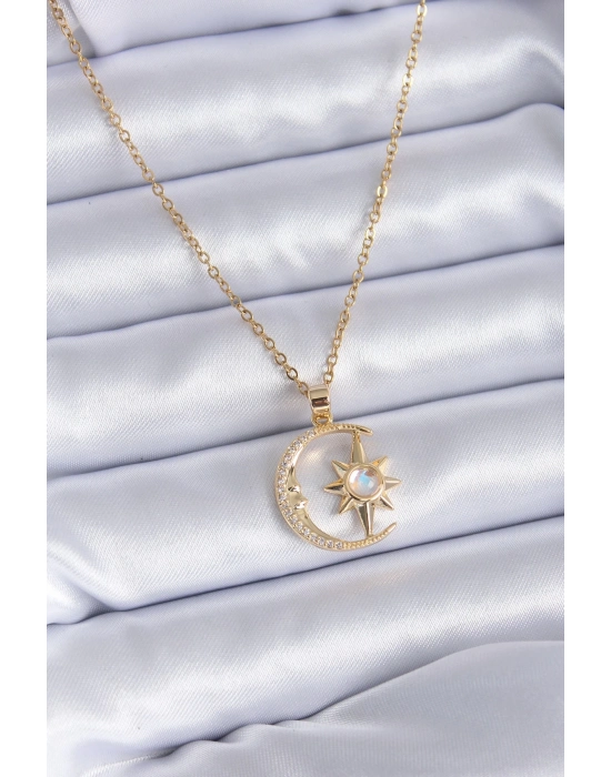 ® 316L Çelik Gold Renk Zirkon Taşlı Ay Yıldız Model Kadın Kolye