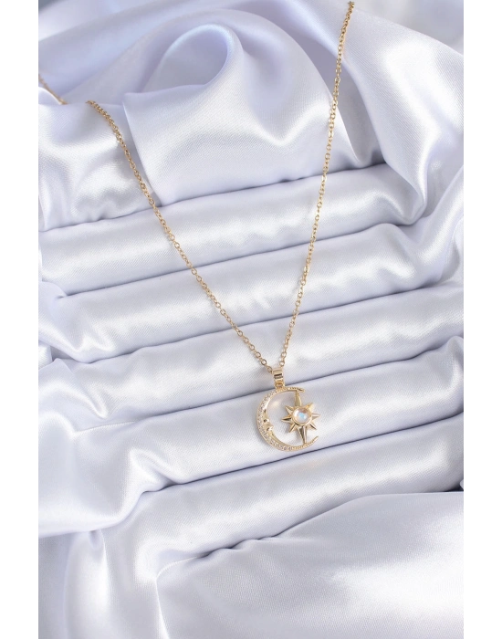 ® 316L Çelik Gold Renk Zirkon Taşlı Ay Yıldız Model Kadın Kolye
