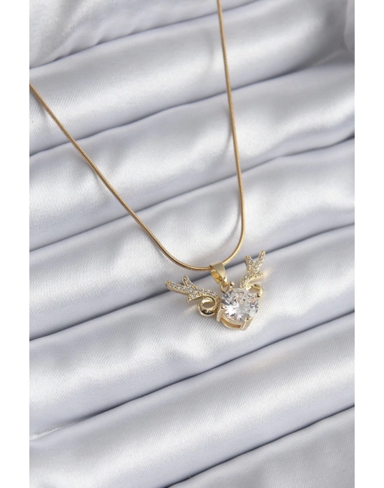 ® 316L Çelik Gold Renk Zirkon Taşlı Boynuz Model Kadın Kolye