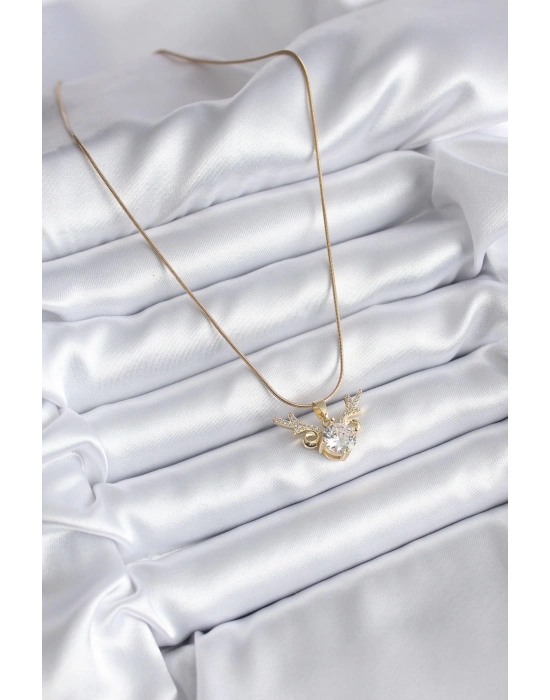 ® 316L Çelik Gold Renk Zirkon Taşlı Boynuz Model Kadın Kolye