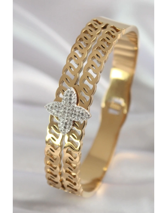 ® 316L Çelik Gold Renk Zirkon Taşlı Çiçek Model Kadın Kelepçe