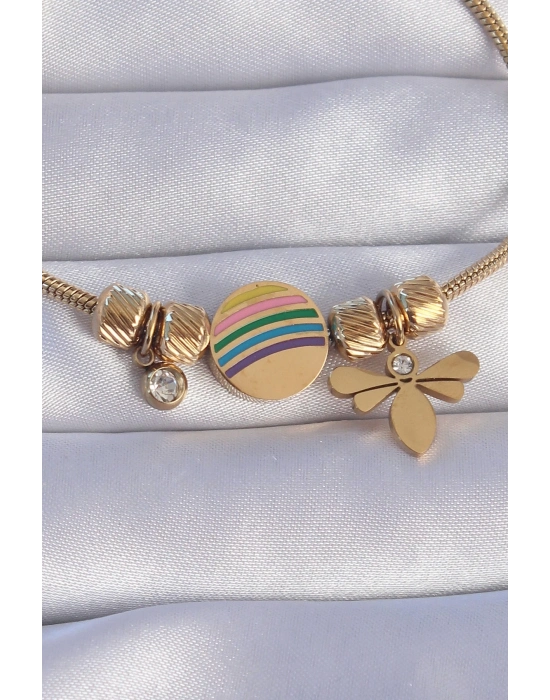 ® 316L Çelik Gold Renk Zirkon Taşlı Gökkuşağı Tasarımlı Yusufçuk Bileklik