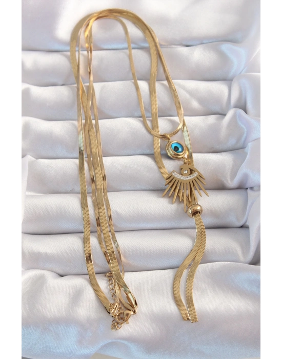 ® 316L Çelik Gold Renk Zirkon Taşlı Göz Detay Nazarlı Uzun Asansör Model Kolye