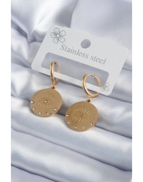 ® 316L Çelik Gold Renk Zirkon Taşlı Göz İşleme Model Kadın Küpe