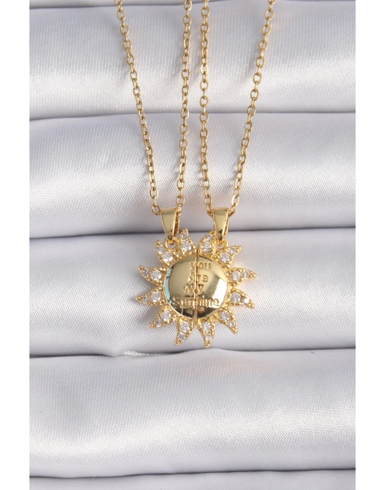 ® 316L Çelik Gold Renk Zirkon Taşlı Güneş Model İşleme Yazı Detay Arkadaş Kolyesi