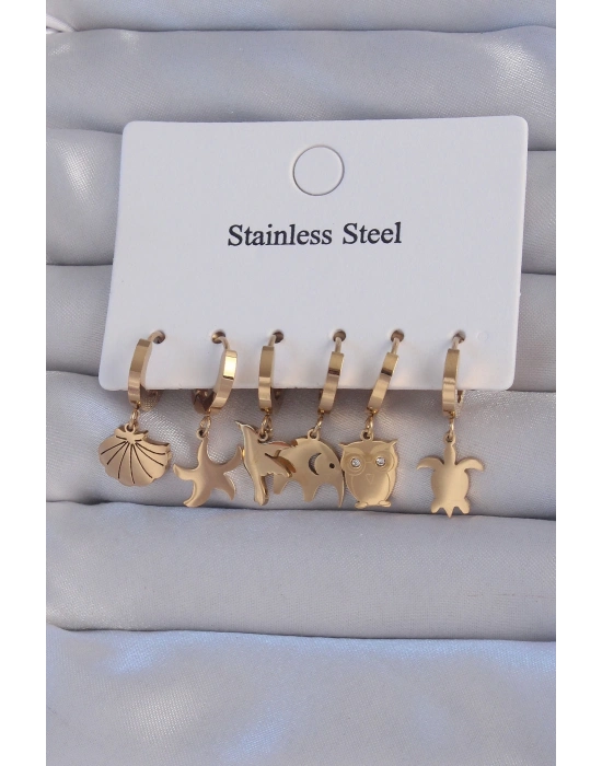 ® 316L Çelik Gold Renk Zirkon Taşlı Hayvan Figürlü Deniz Yıldızı Model Halka Küpe Seti