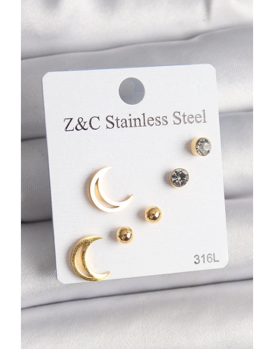 ® 316L Çelik Gold Renk Zirkon Taşlı Hilal Model Kadın Küpe Seti