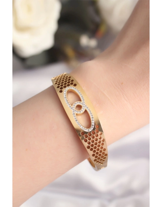 ® 316L Çelik Gold Renk Zirkon Taşlı Kadın Kelepçe Bilezik