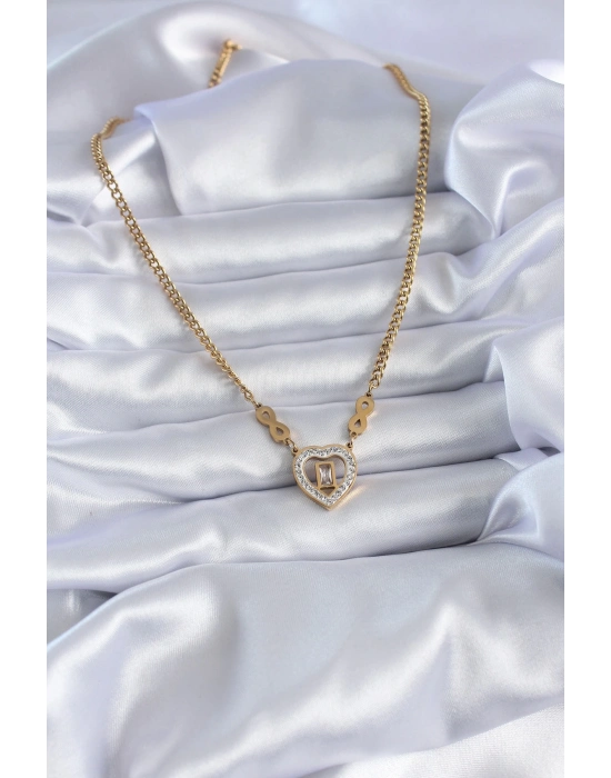 ® 316L Çelik Gold Renk Zirkon Taşlı Kalp Model Sonsuzluk Detay Kadın Kolye