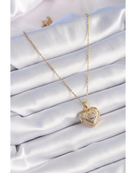 ® 316L Çelik Gold Renk Zirkon Taşlı Kalp Model Vintage Kadın Kolye