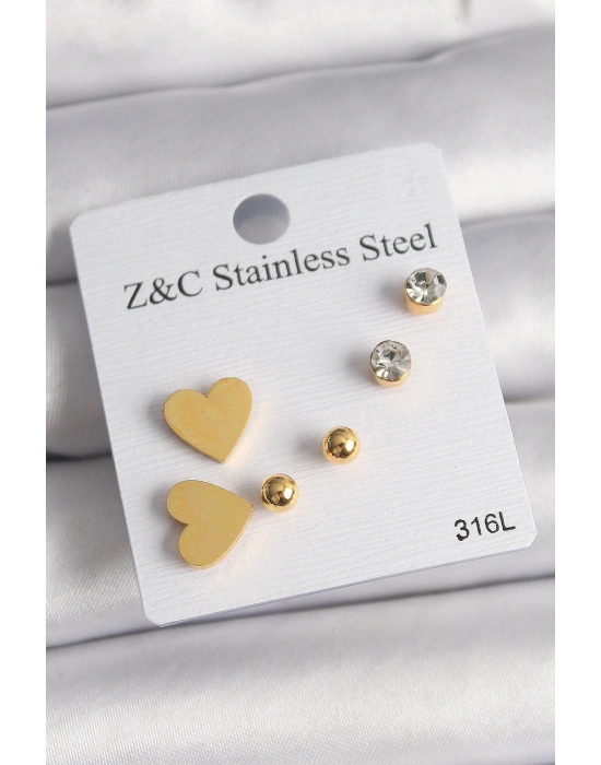 ® 316L Çelik Gold Renk Zirkon Taşlı Kalpli Kadın Küpe Seti