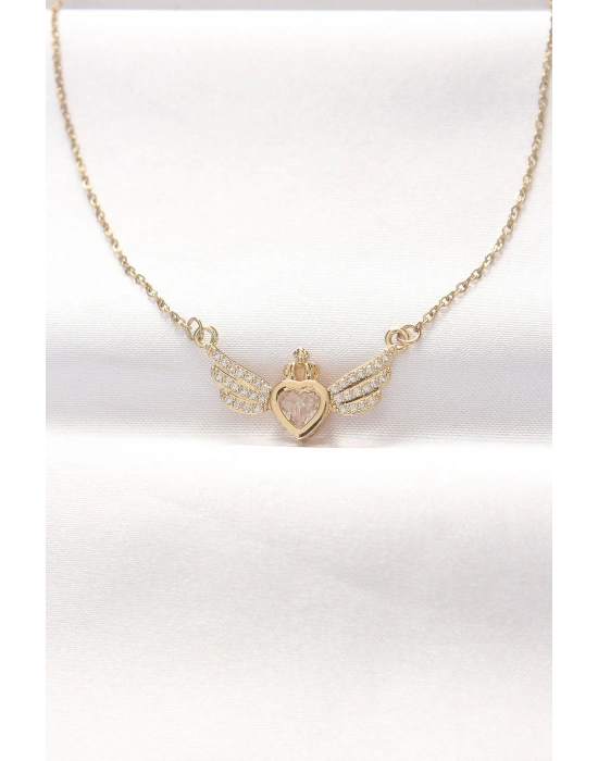 ® 316L Çelik Gold Renk Zirkon Taşlı Kalpli Kanat Kolye