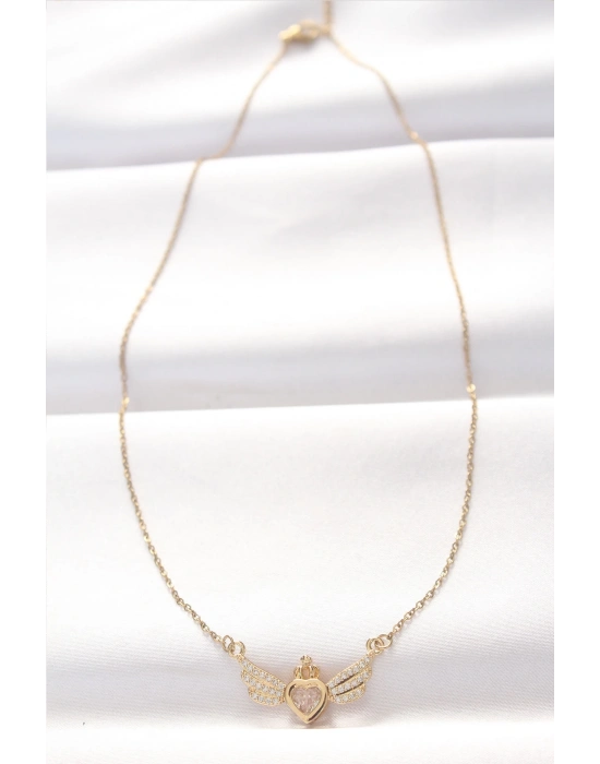 ® 316L Çelik Gold Renk Zirkon Taşlı Kalpli Kanat Kolye