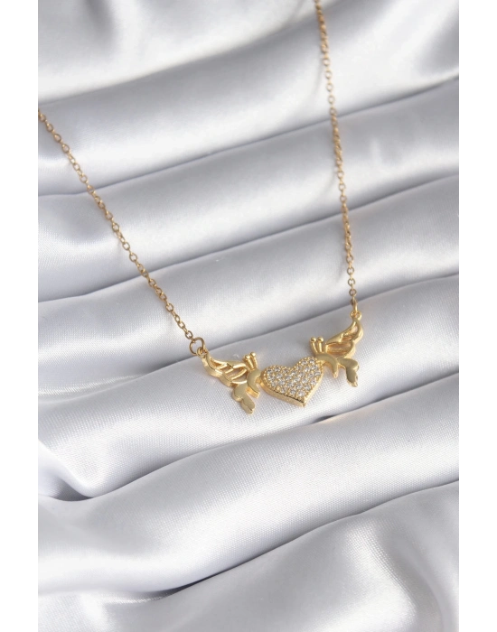 ® 316L Çelik Gold Renk Zirkon Taşlı Kanatlı Kalp Model Kadın Kolye