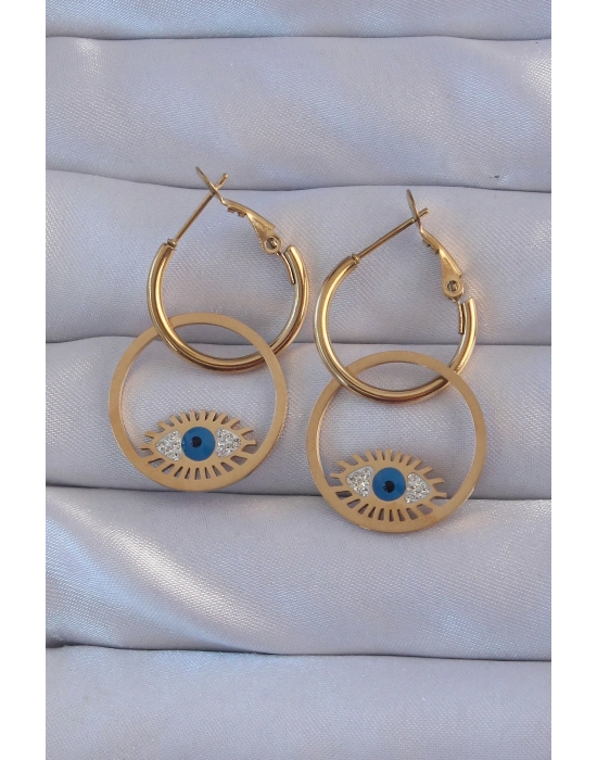 ® 316L Çelik Gold Renk Zirkon Taşlı Mavi Göz Tasarımlı Halka Küpe