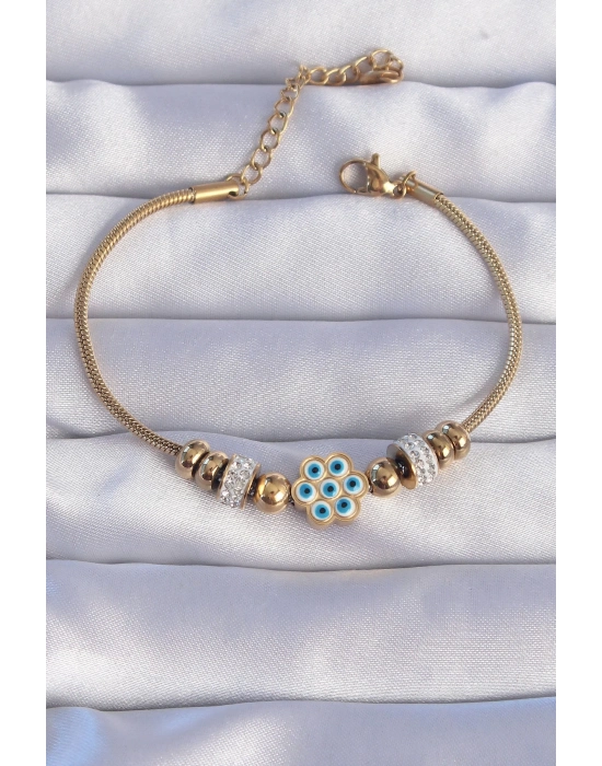 ® 316L Çelik Gold Renk Zirkon Taşlı Nazarlı Çiçek Tasarımlı Bileklik