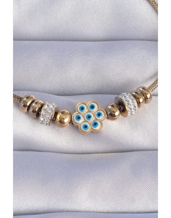 ® 316L Çelik Gold Renk Zirkon Taşlı Nazarlı Çiçek Tasarımlı Bileklik