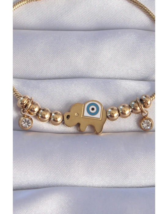 ® 316L Çelik Gold Renk Zirkon Taşlı Nazarlı Fil Tasarımlı Bileklik