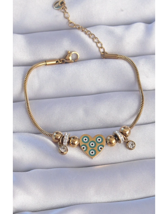 ® 316L Çelik Gold Renk Zirkon Taşlı Nazarlı Kalp Tasarımlı Bileklik