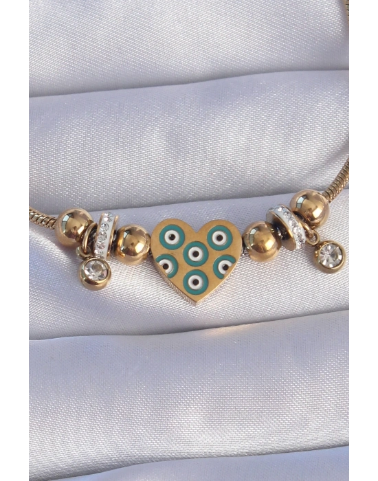 ® 316L Çelik Gold Renk Zirkon Taşlı Nazarlı Kalp Tasarımlı Bileklik